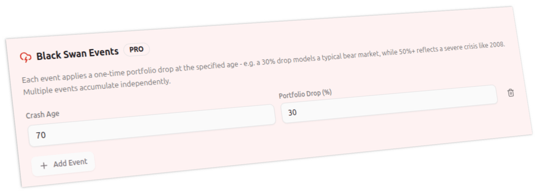 Retirement Lab black swan events configuration - discrete portfolio crash at a specified age with configurable drop percentage