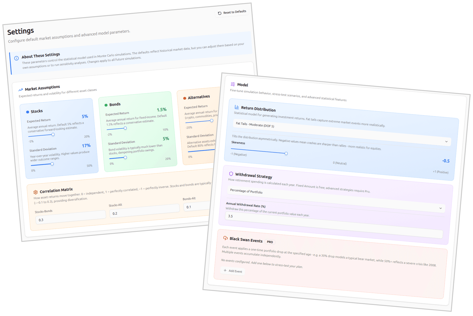 Retirement Lab distribution settings - Student's t-distribution degrees of freedom and Fernandez-Steel skewness parameter