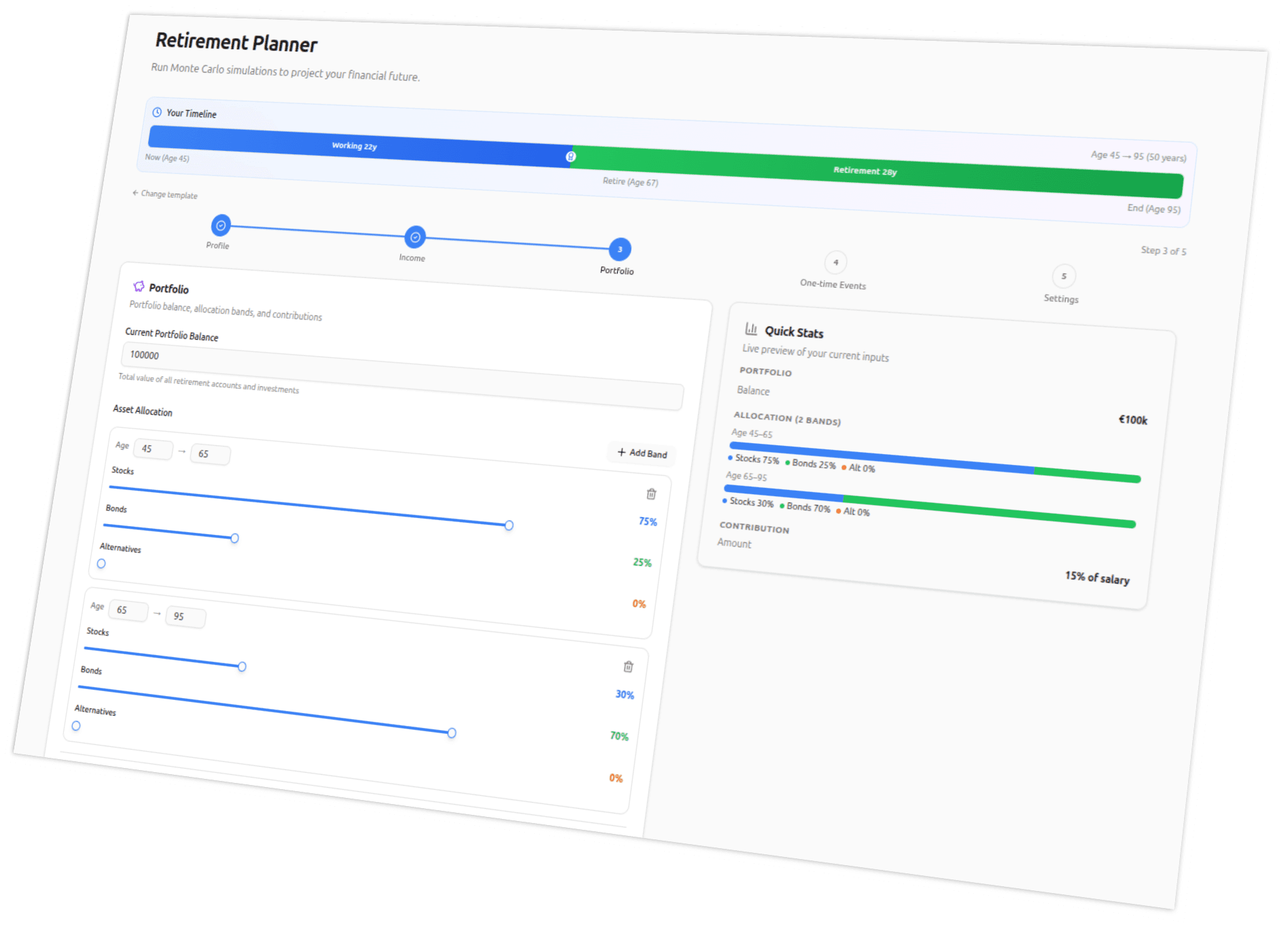Retirement Planner simulator - timeline, portfolio allocation, and quick stats