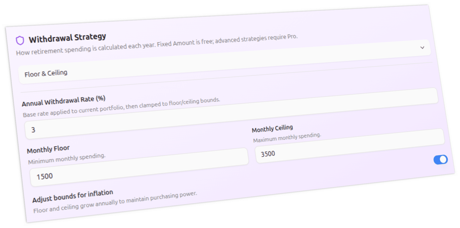 Retirement Lab withdrawal strategy selector - floor and ceiling strategy with configurable annual rate, monthly floor, and monthly ceiling